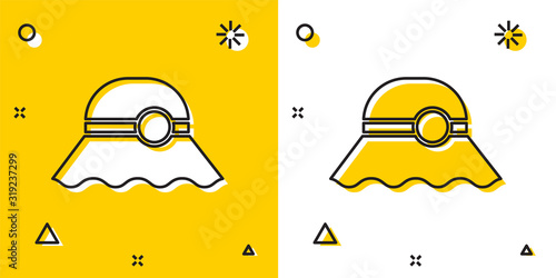 Black Elegant women hat icon isolated on yellow and white background. Random dynamic shapes. Vector Illustration