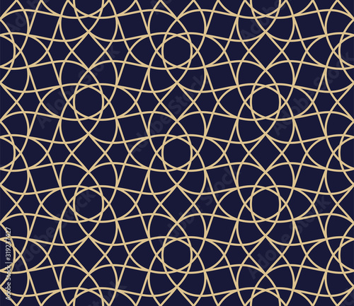 Islamic ornamental seamless pattern. Vector oriental background in navy blue and gold colors.