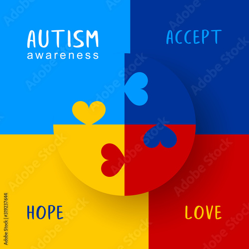 World autism awareness day. Colorful circle puzzle vector design sign with hearts. Symbol of autism. Medical flat illustration. Health care