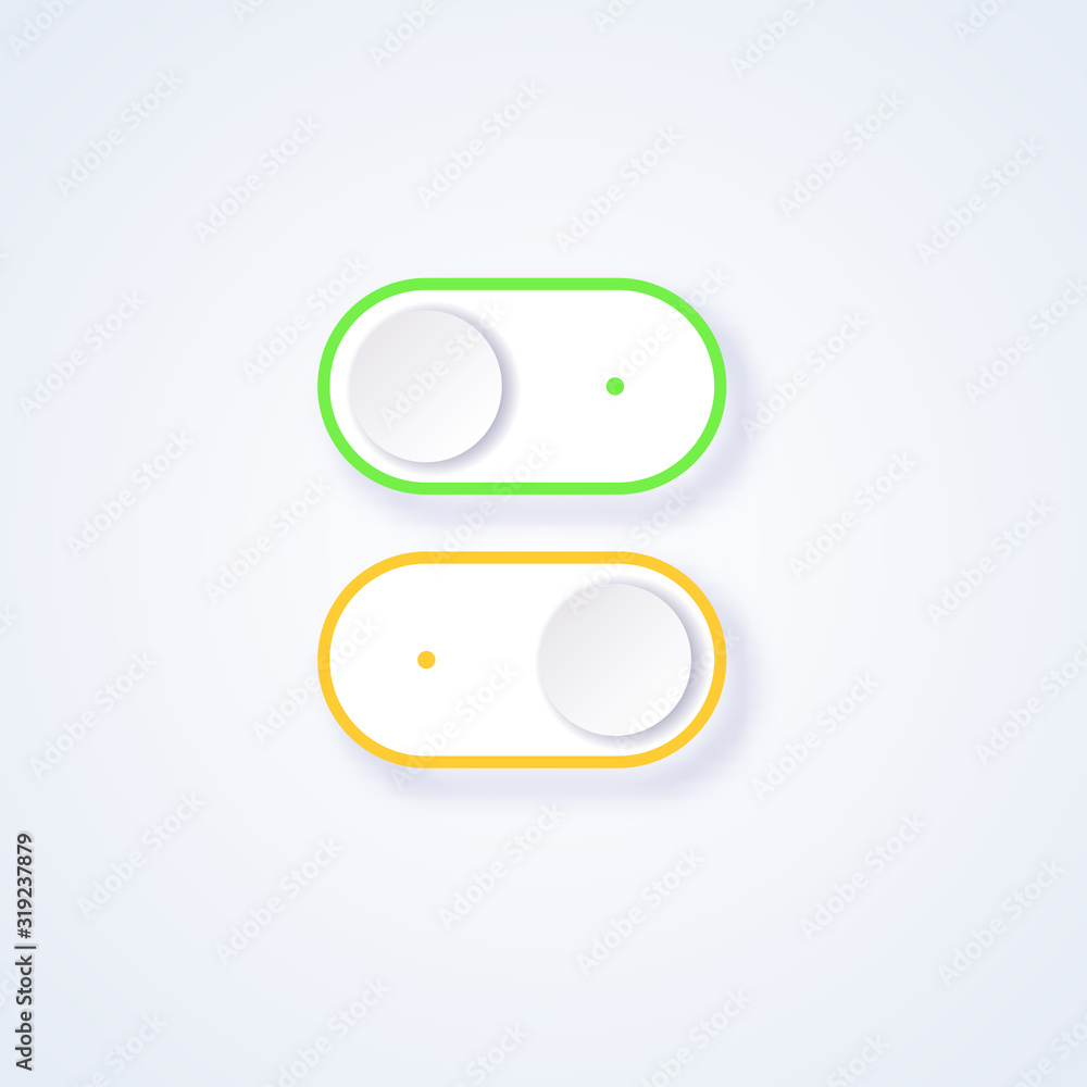 On and Off slider button. Switch interface button. Vector 3d illustration. Flat icon On and Off toggle switch button. Switch toggle button, slider in ON and OFF position On and Off slider button. Switch interface button. Vector 3d illustration. Flat icon On and Off toggle switch button. Switch toggle button, slider in ON and OFF position