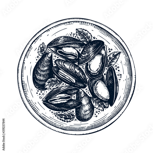 Cooked mussels with herbs on plate illustration. Shellfish and seafood restaurant design element. Hand drawn mussels sketch isolated on white background. For menu, recipes, logos, flyer or invitation.