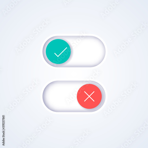 On and Off slider button. Switch interface button. Vector 3d illustration. Flat icon On and Off toggle switch button. Switch toggle button, slider in ON and OFF position