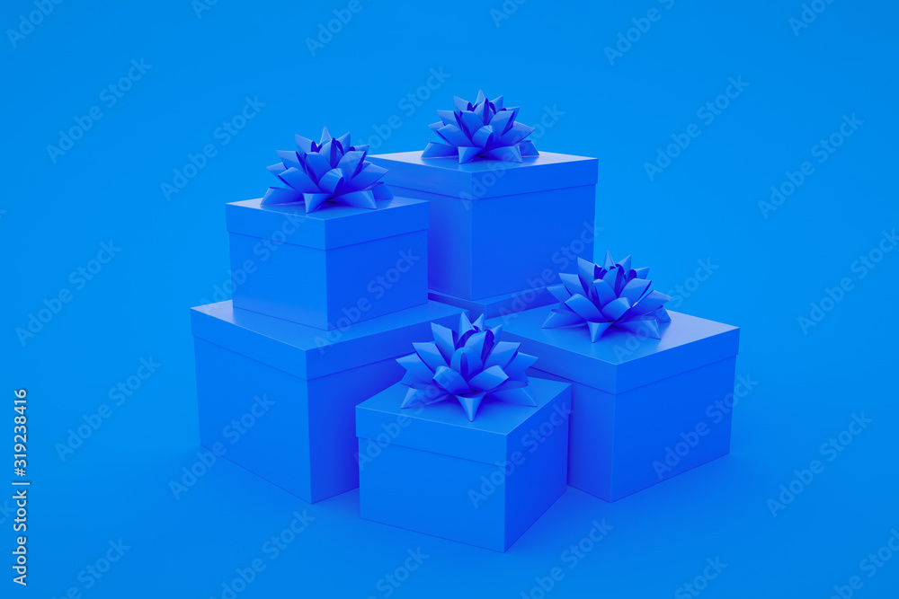 Obraz premium Set of blue gift boxes isolated on blue background. Minimalist creative concept. 3d illustration
