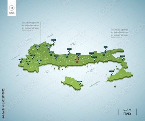 Stylized map of Italy. Isometric 3D green map with cities, borders, capital Rome, regions. Vector illustration. Editable layers clearly labeled. English language.