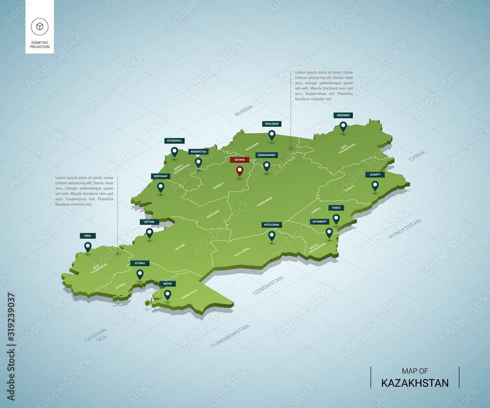 Stylized map of Kazakhstan. Isometric 3D green map with cities, borders ...