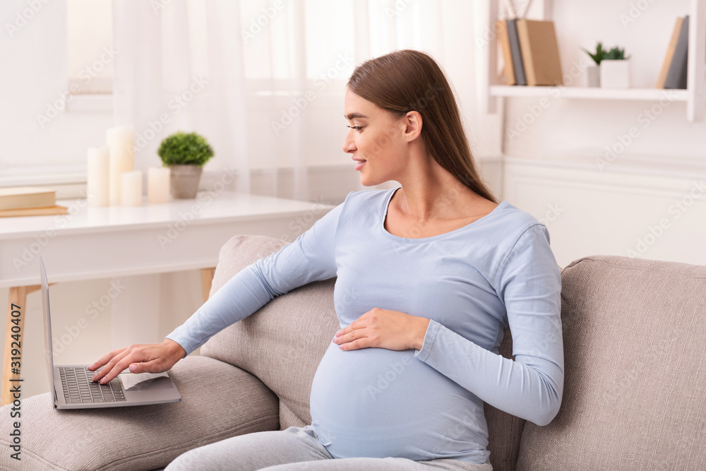 Smiling Expectant Woman Using Laptop Sitting On Couch At Home Smiling Expectant Woman Using Laptop Sitting On Couch At Home