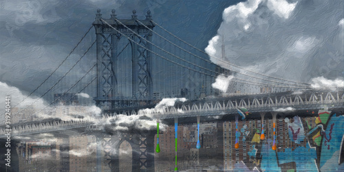 Surreal digital art. Manhattan bridge on New York's cityscape. Giant moon, pieces of graffiti © rolffimages
