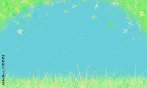 Delicate background in light blue and green colors with grass and flying maple leaves. Banner and website