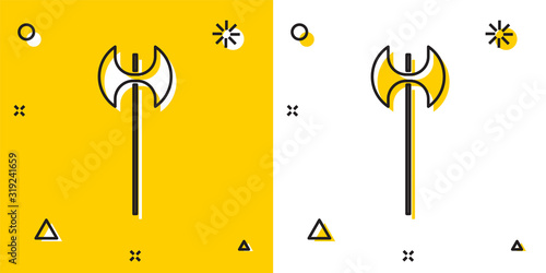 Black Medieval axe icon isolated on yellow and white background. Battle axe, executioner axe. Medieval weapon. Random dynamic shapes. Vector Illustration