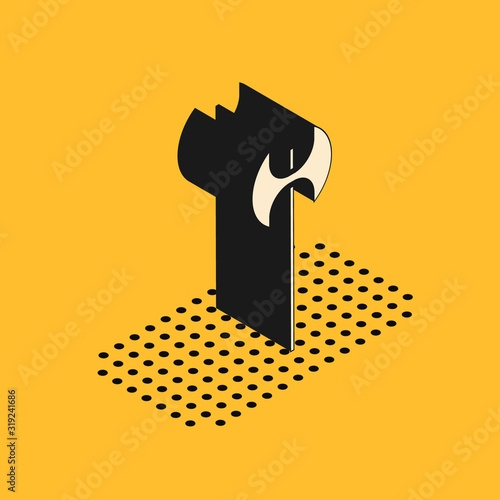 Isometric Medieval axe icon isolated on yellow background. Battle axe, executioner axe. Medieval weapon. Vector Illustration