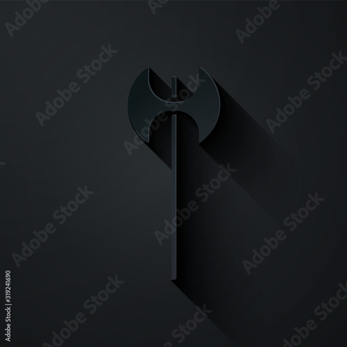 Paper cut Medieval axe icon isolated on black background. Battle axe, executioner axe. Medieval weapon. Paper art style. Vector Illustration