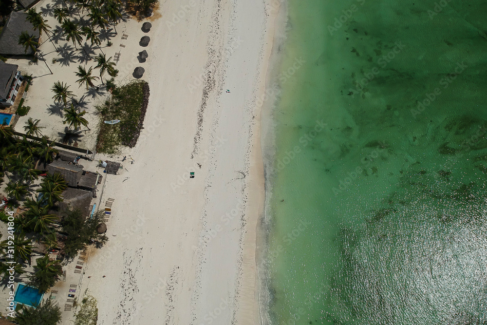 drone shot from tropical beach Unguja Island, Zanzibar