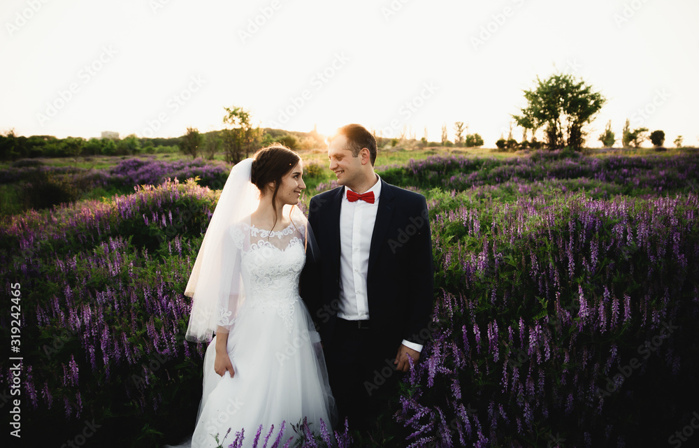 Bride and groom hugging at sunset.Happy bride and groom smiling.Happy bride and groom after the wedding ceremony.Wrdding day.Beautiful young couple in a field with flowers