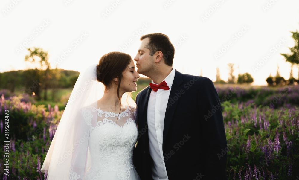 Bride and groom hugging at sunset.Happy bride and groom smiling.Happy bride and groom after the wedding ceremony.Wrdding day.Beautiful young couple in a field with flowers Bride and groom hugging at sunset.Happy bride and groom smiling.Happy bride and groom after the wedding ceremony.Wrdding day.Beautiful young couple in a field with flowers