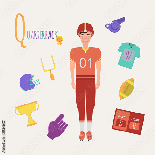 Colorful book alphabet. Book of professions. Profession Quarterback. Letter Q