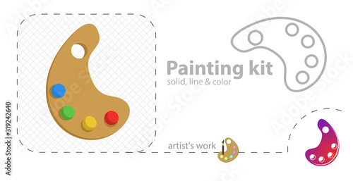 Color palette with brush. Paint palette. Paints palette vector flat illustration, solid, line icon