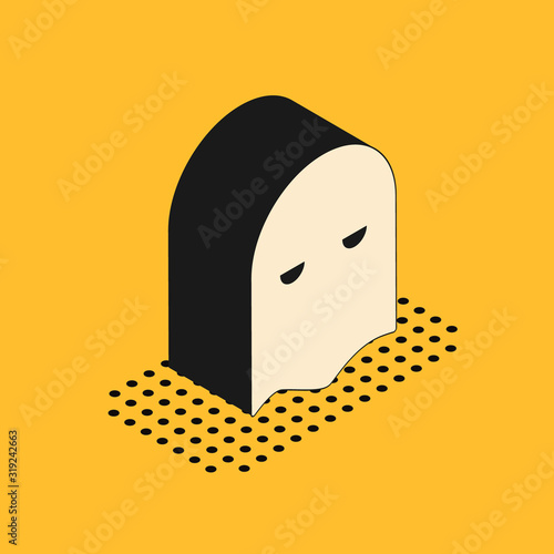 Isometric Executioner mask icon isolated on yellow background. Hangman, torturer, executor, tormentor, butcher, headsman icon. Vector Illustration