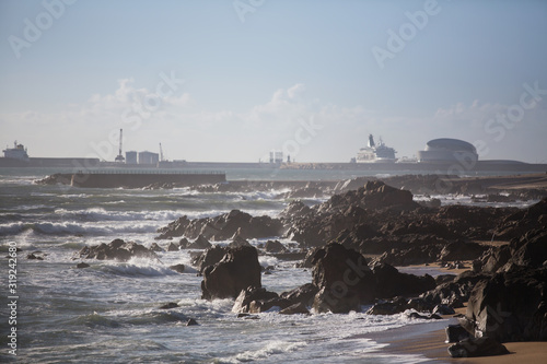View of the surf rocky ocean shore near the Port.