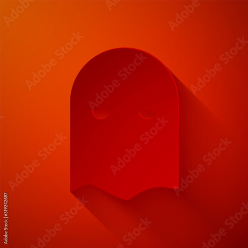 Paper cut Executioner mask icon isolated on red background. Hangman, torturer, executor, tormentor, butcher, headsman icon. Paper art style. Vector Illustration