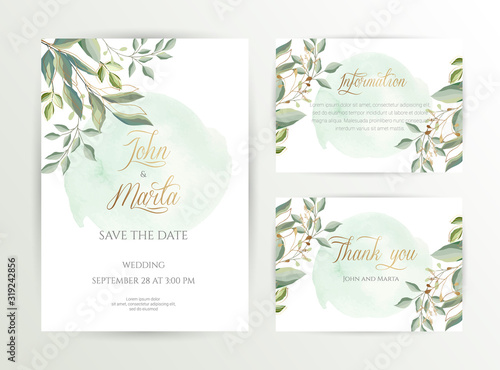 Watercolor wedding set. Set of card with leaves and golden geometric frame. Design with forest green leaves, eucalyptus, fern. Floral Trendy templates for banner, flyer, poster, greeting. eps10 © Anfi_5933
