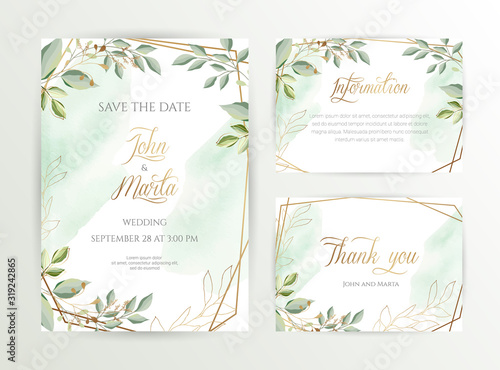 Watercolor wedding set. Set of card with leaves and golden geometric frame. Design with forest green leaves, eucalyptus, fern. Floral Trendy templates for banner, flyer, poster, greeting. eps10