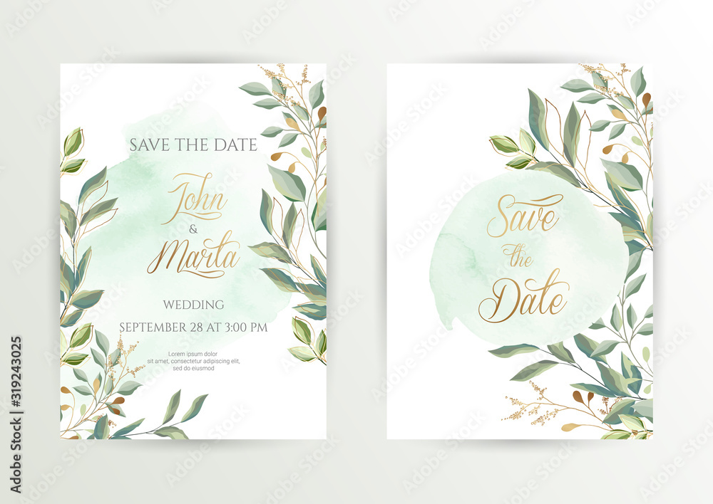 Watercolor wedding set. Set of card with leaves and golden geometric frame. Design with forest green leaves, eucalyptus, fern. Floral Trendy templates for banner, flyer, poster, greeting. eps10