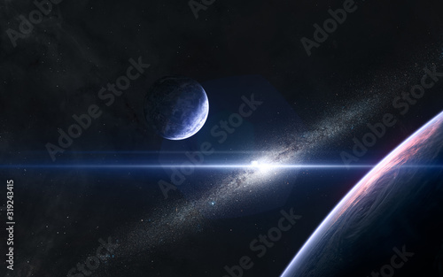 Fototapeta Naklejka Na Ścianę i Meble -  Planets on background of the galaxy disk in blue light. Deep space. Science fiction. Elements of this image furnished by NASA
