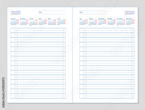 Datebook 2020. Diary 2020. Daily planner 2020. Template design office book to every day, calendar