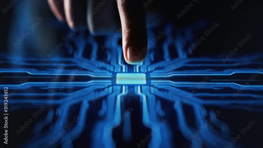 Digitalization Concept: Human Finger Turns on Touch Screen Button and Activates Futuristic Artificial Intelligence. Visualization of Machine Learning, AI, Computer Technology Merge with Humanity 