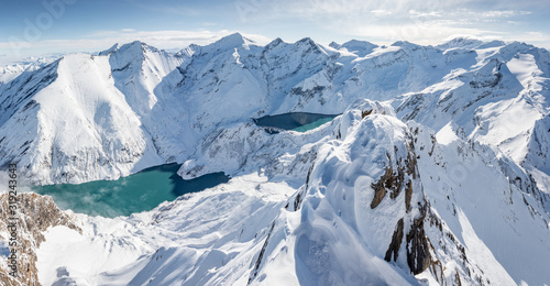 Snowcapped mountain landscape with mountain lakes