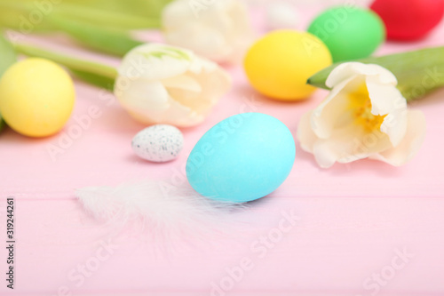 Easter background. Easter eggs on the table.