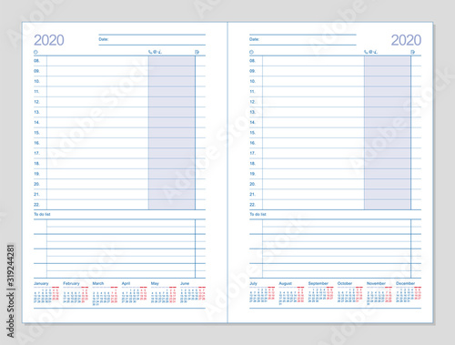 Datebook 2020. Diary 2020. Daily planner 2020. Template design office book to every day, calendar
