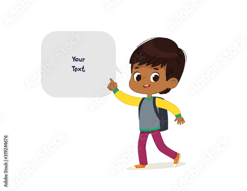 Vector illustration of the Latino Boy with the backpack goes to school. Preschool boy walks to the school. Dark Skin boy and speech bubble with place for text isolated on white background.