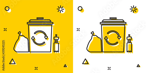 Black Recycle bin with recycle symbol icon isolated on yellow and white background. Trash can icon. Garbage bin sign. Recycle basket. Random dynamic shapes. Vector Illustration