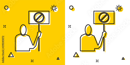 Black Nature saving protest icon isolated on yellow and white background. Earth planet protection, environmental issues demonstration. Random dynamic shapes. Vector Illustration