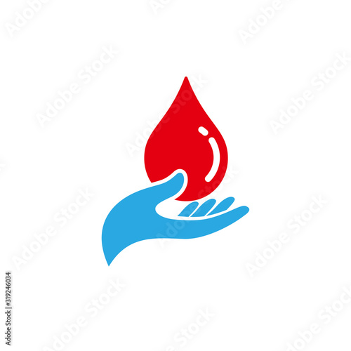 Red blood drop in hand isolated on white background. blood donor volunteer vector design