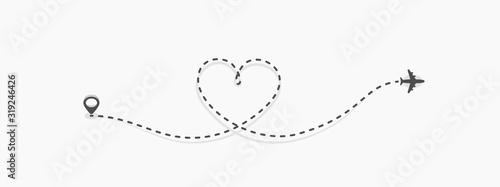 Love travel route icon in transparent style. Airplane line path vector illustration on isolated background. Dash line trace business concept.