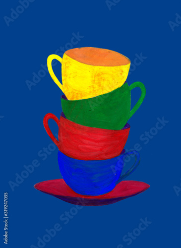 Colorful tea cups isolated on dark blue background. Gouache technique. Hand drawn illustration.