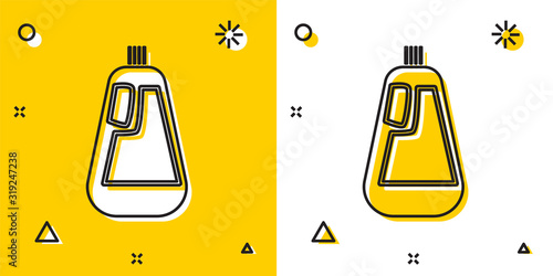 Black Plastic bottle for liquid laundry detergent, bleach, dishwashing liquid icon isolated on yellow and white background. Random dynamic shapes. Vector Illustration