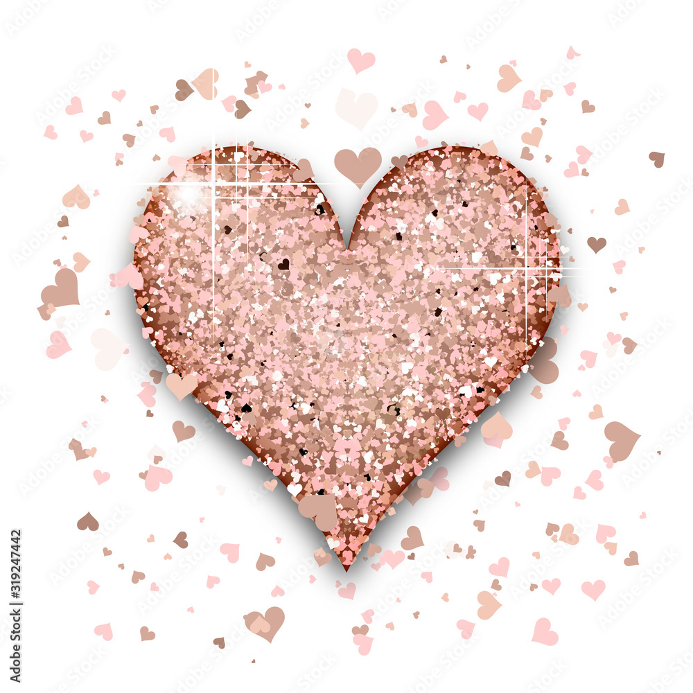 Pink Gold heart of glitter light effect. Confetti particles isolated on white background