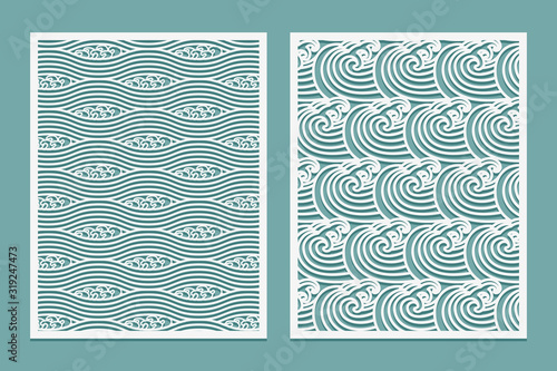 Set of Laser cut template pattern. Rivers waves Asian style scenery. Metal cutting or wood carving, panel design, stencil for fretwork, paper art, card background or interior decor.