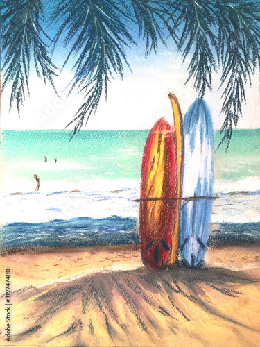 Surf boards on sandy beach. Sunny seascape. Paradise island with palms. Vacation concept. Bright Summer Hand drawn illustration for poster, art print, greeting card, banner.