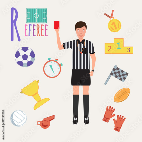 Colorful book alphabet. Book of professions. Profession Referee. Letter R