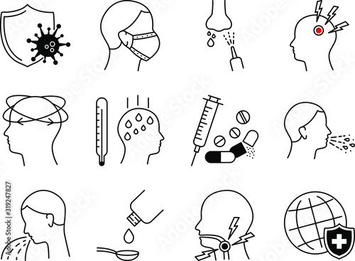 Flu disease prevention, cold symptoms flat line icons set. Fever headache sneeze, sore throat vector illustrations. Outline signs medical healthcare infographic. 