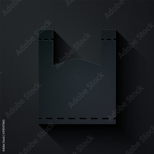 Paper cut Plastic bag icon isolated on black background. Disposable cellophane and polythene package prohibition sign. Paper art style. Vector Illustration