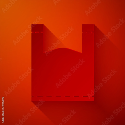 Paper cut Plastic bag icon isolated on red background. Disposable cellophane and polythene package prohibition sign. Paper art style. Vector Illustration