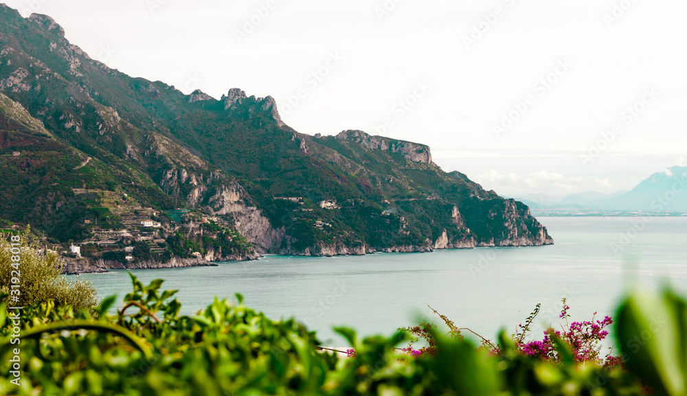 Beautiful aerial landscape view of of Amalfi coast from Ravello, Italy on natural background. Selective soft focus. Shallow depth of field. Text copy space.