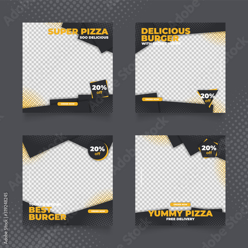 social media post template for food promotion banner. burger and pizza sale banner frame in orange and dark black color.