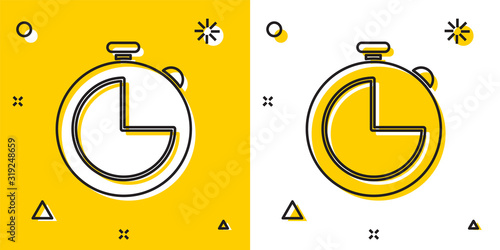Black Kitchen timer icon isolated on yellow and white background. Cooking utensil. Random dynamic shapes. Vector Illustration
