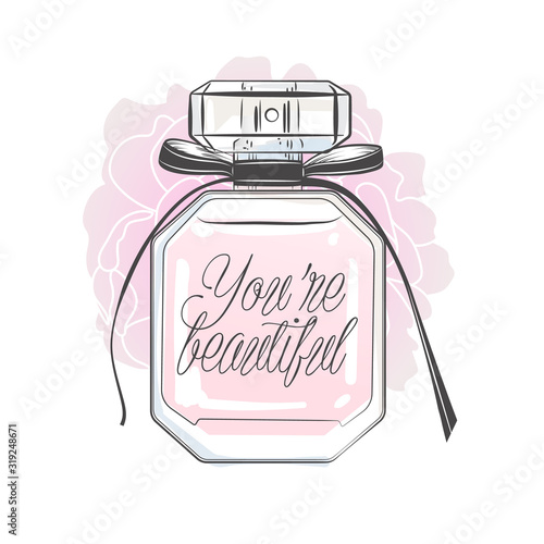 Perfume bottle with You Are Beautiful lettering. Hand drawn vector illustration. For cards, invitations, posters